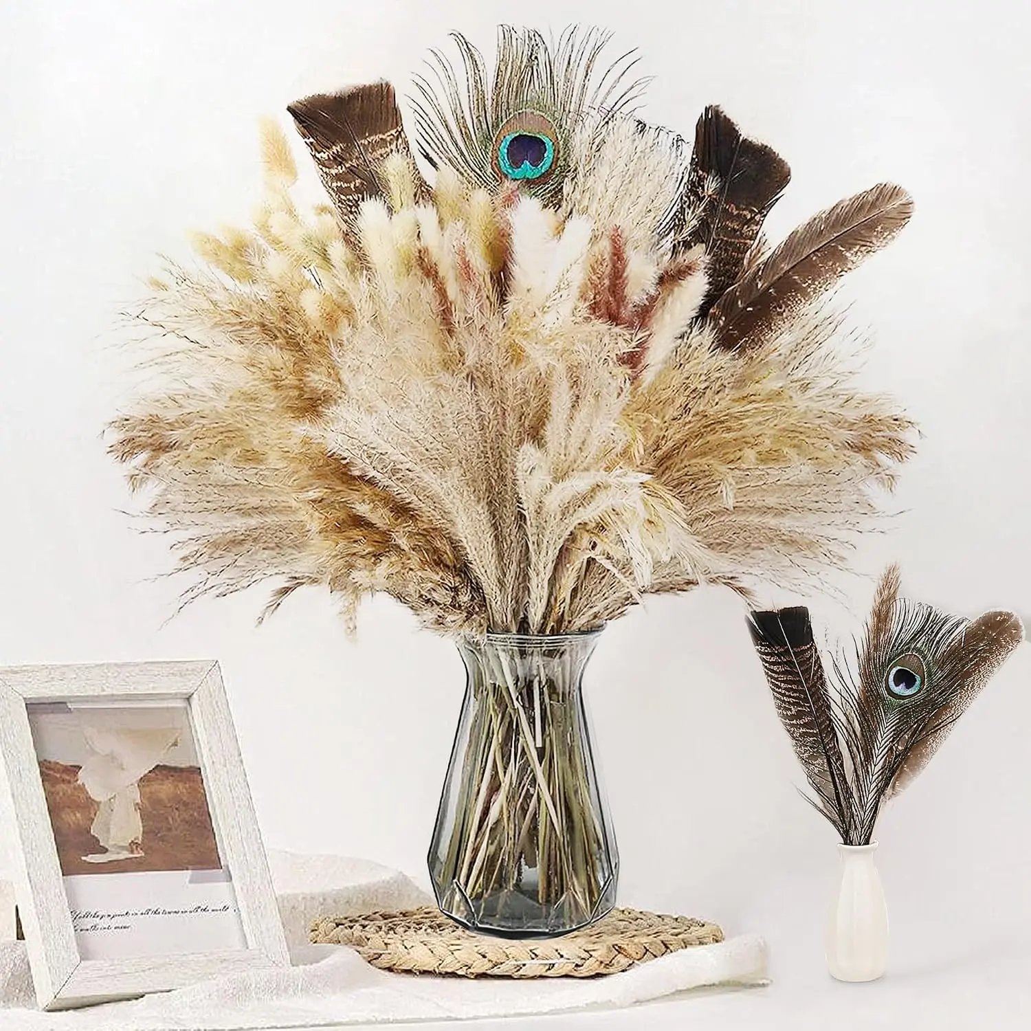 Dried Pampas Grass Decor - 100Pcs 16-17 inch Pampas Grass Bouquet with Natural Feathers Boho Flowers Arrangement for Vase,Home Wedding Party Centerpiece and Rustic Farmhouse Decor