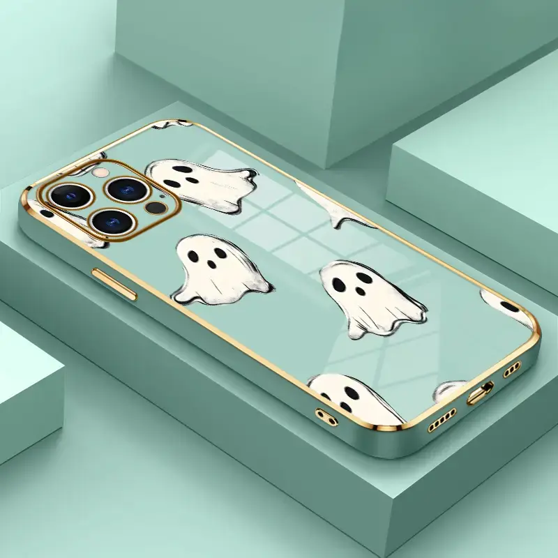 Ghostly Pattern Smartphone Casing for iPhone 17 Pro Max,16,15,14 Pro Max,13,12,11,XR,XS Plus - 4-Corner Electroplated Shockproof,Non-Slip,Military-Grade Protection Silicone Cover for Handheld Cellphone Devices