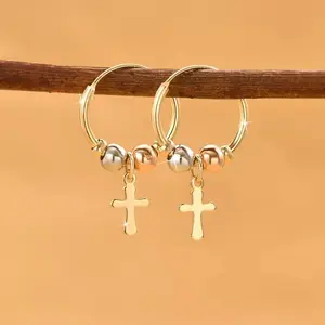 Creative And  Cross Pendant Earrings, Two-Color Beaded Ear Rings, Women's Fashionable Retro Hip-Hop Style Accessory Earrings, Gift Accessories