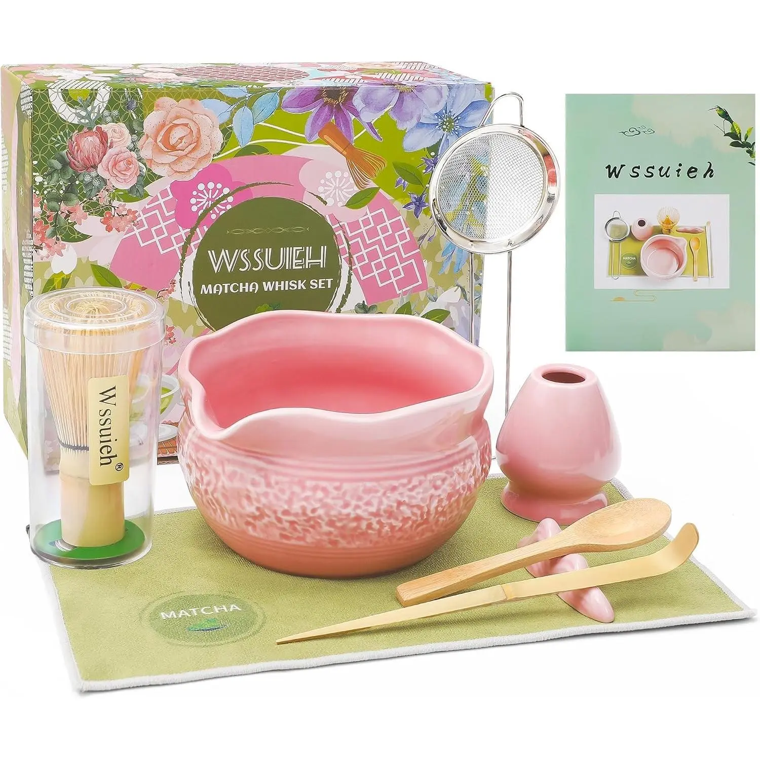 Pink Matcha Set, 8 Pcs Complete Ceramic Matcha Making Kit with Bowl, Bamboo Whisk & Holder, Stainless Sifter, Tea Towel, Scoop & Scoop Rest
