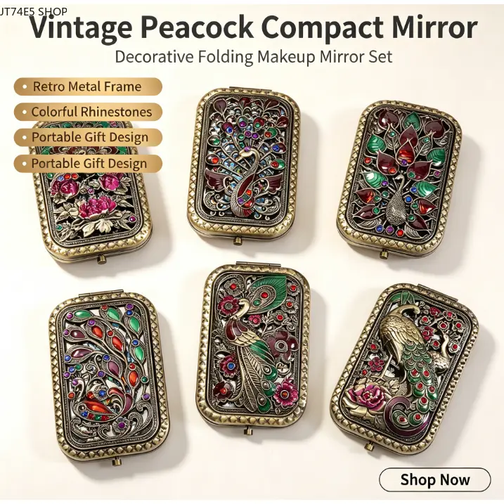 Women's Pocket Mirror Folding Double-Sided Compact Portable Lightweight European Retro Copper-Tone Vintage Makeup Mirror for Purse, Travel & Gifting