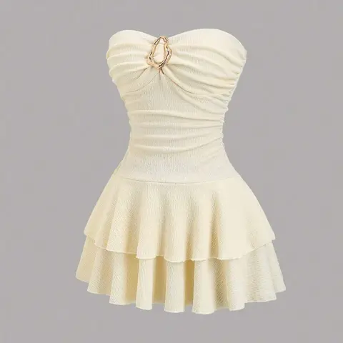 Elegant Strapless Layered Hem Mini Dress for Women, Chic Ruched Dress, Perfect for Special Occasions, Stylish and Comfortable Clothes