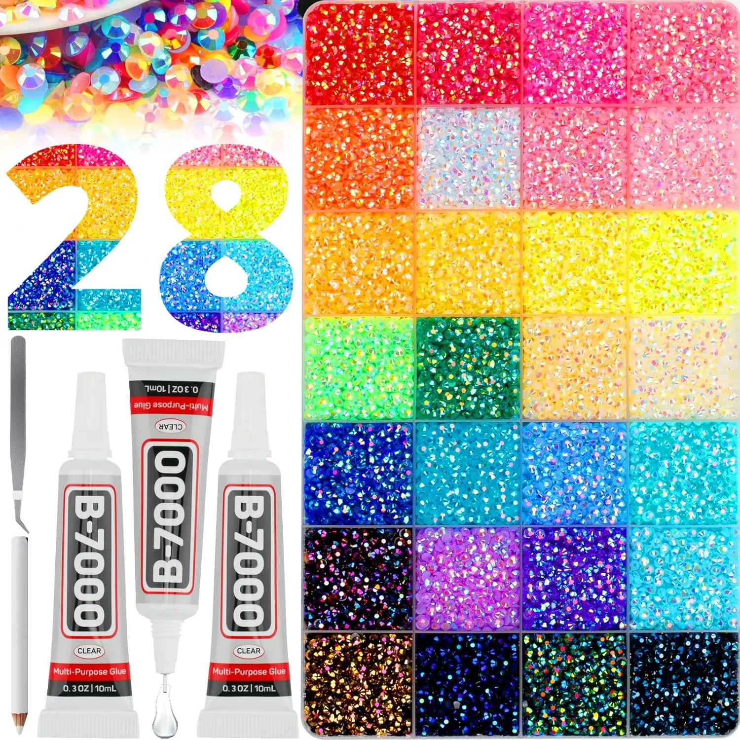 40000Pcs 3MM Rhinestones for Bedazzling, Bedazzler Kit Gems Stones Jelly Resin SS10 Flatback Rainbow 28 AB Multi Colorful Crystals, Bedazzled b7000 Glue for Crafts Crafting Clothes Clothing Decor Book