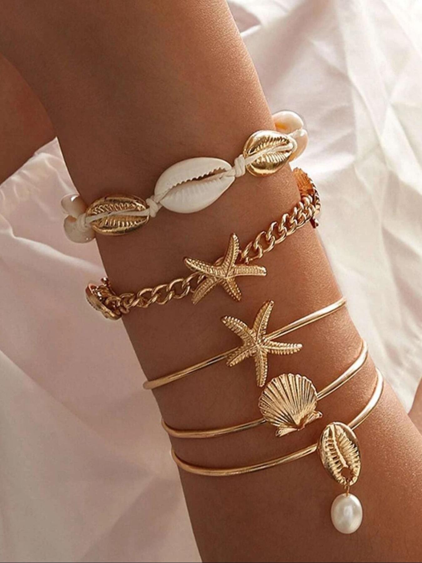 Fashionable Starfish & Shell Decorated Bracelet, Boho Style Jewelry for Women, Trendy All-match & Exquisite Jewelry for Birthday Gift, Bangles Bracelets Set, Stackable Bracelets, Fashion Chic Accessories