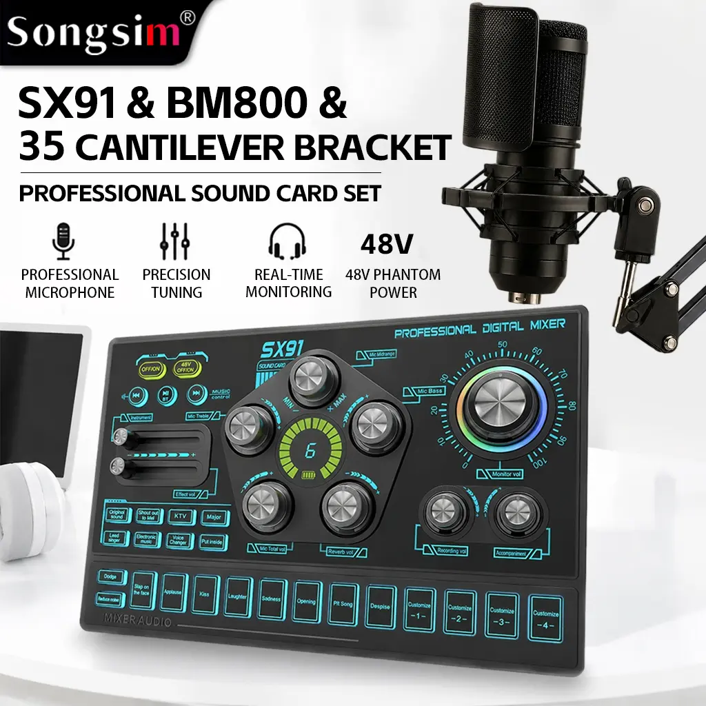 SX91  Live Sound Card Mixer Complete Kit with 48V Phantom Power XLR Interface, Adjustable 360° Boom Arm Stand & Condenser Microphone, 8 Live Sound Effects 4 Custom Buttons for Podcast Recording Singing Live Streaming Gaming