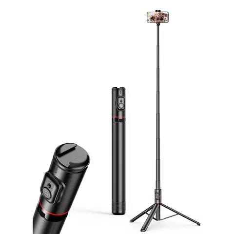 72-Inch Tripod Selfie Stick with Cold Shoe Mount and Integrated Phone Holder, Portable Compact Selfie Stand with Remote Control, Compatible with Apple and Samsung Phones, Portable Cellphone Selfie Accessory