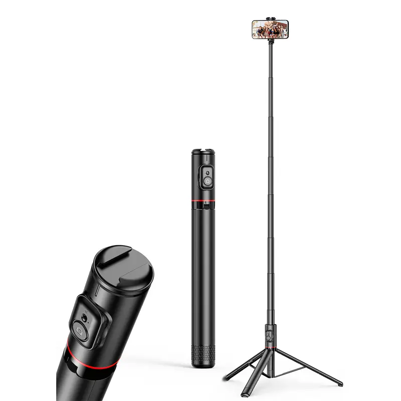 72-Inch Tripod Selfie Stick with Cold Shoe Mount and Integrated Phone Holder, Portable Compact Selfie Stand with Remote Control, Compatible with Apple and Samsung Phones, Portable Cellphone Selfie Accessory
