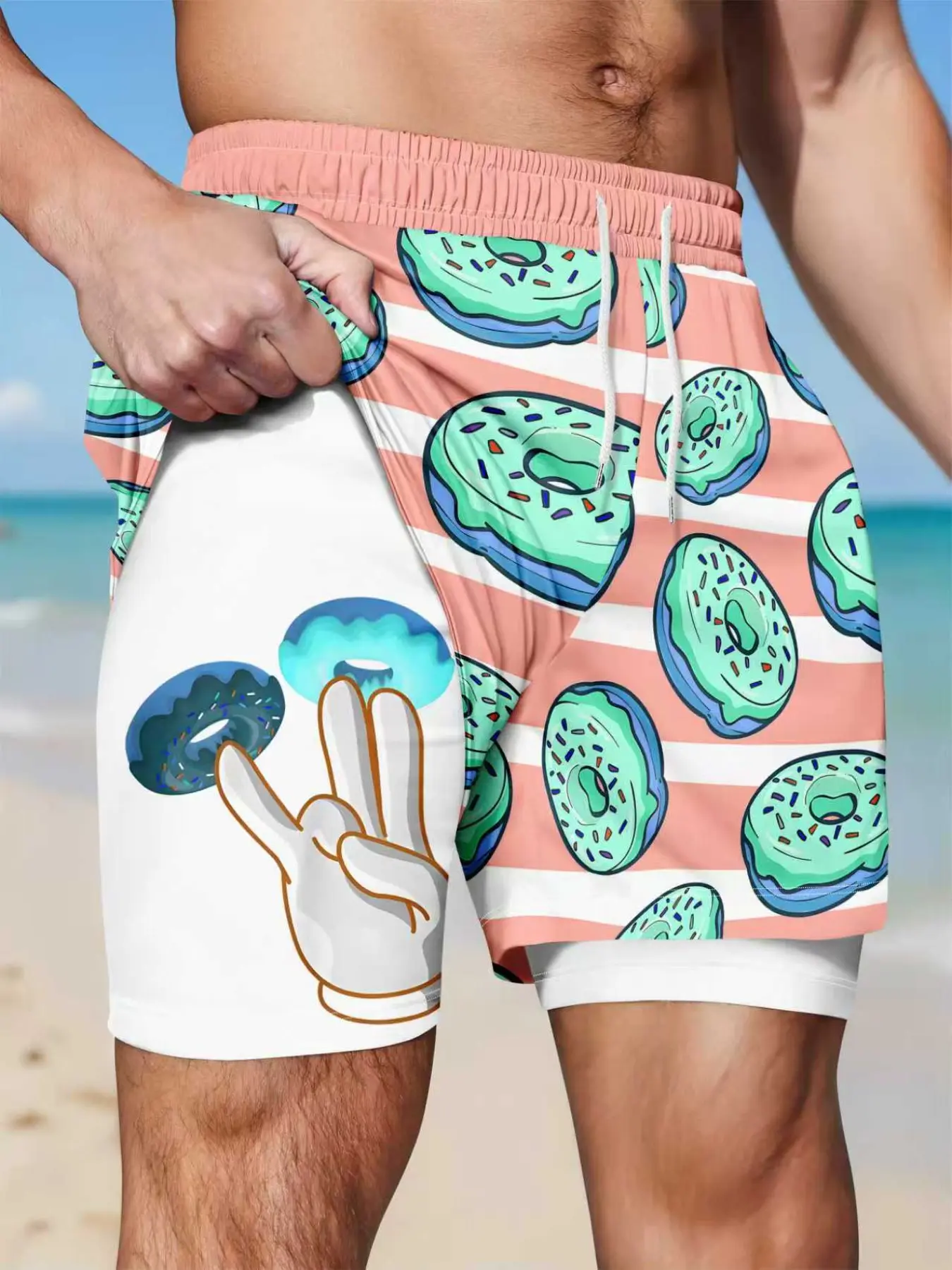 Men's Two-In-One Quick-Dry Swim Trunks, Cartoon Donut and Peace Sign Print, Printed Swim Trunks, Fun Summer Beach Shorts, Casual Leisure Swimming Pants, Swimsuit Shorts, Swimwear Shorts