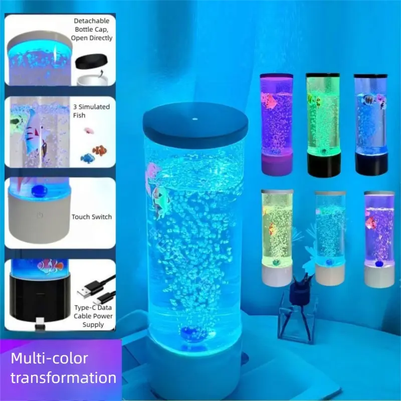 Bubble Fish LED Light Set, USB Powered Ambient Nightlight, Adjustable Colorful Aquarium Decor, Christmas Gift, Includes Air Pump