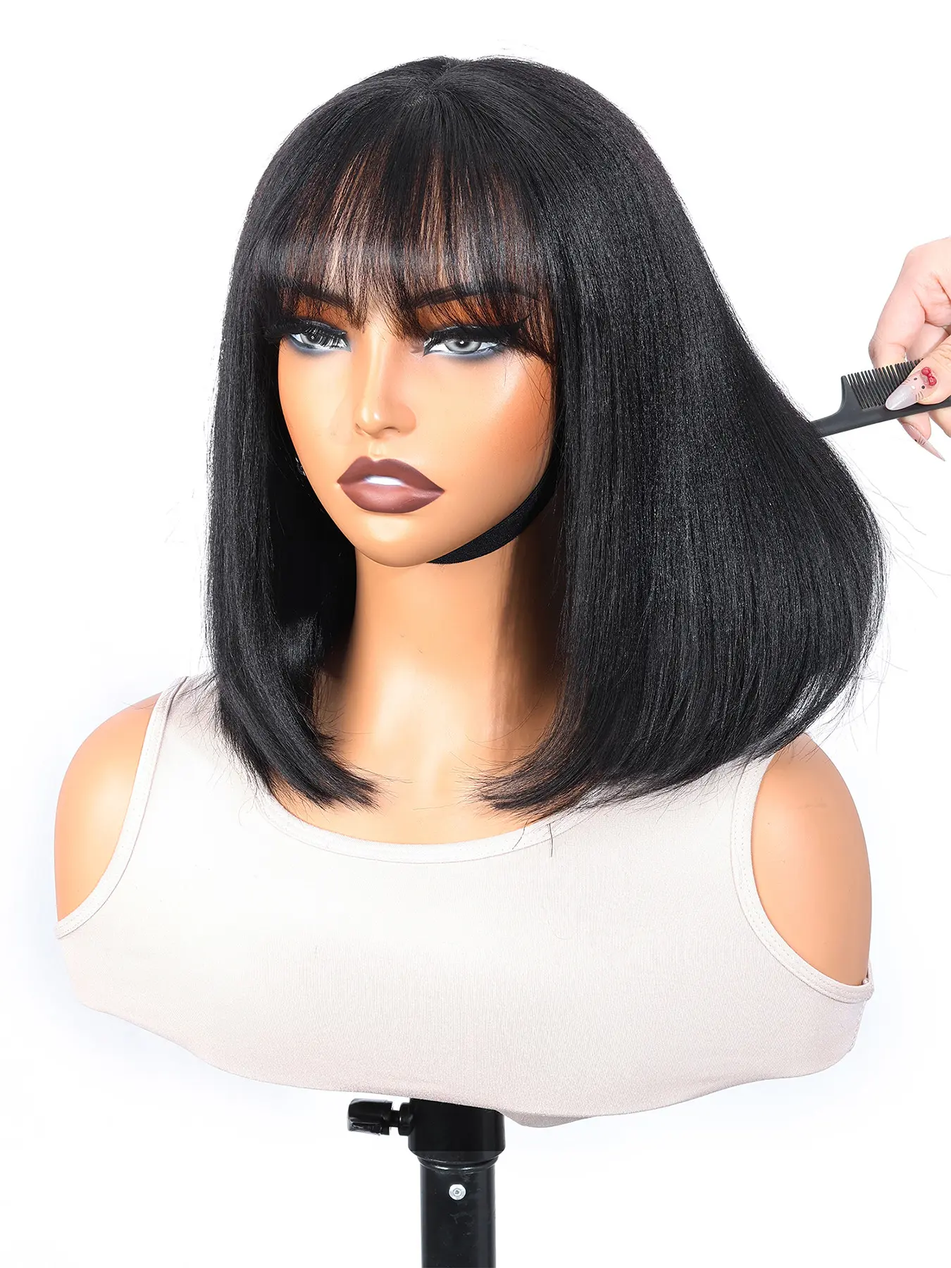 Gluless 4x4 Lace Closure Wig, 100% Human Hair Yaki Wig with Bangs, Natural Color, Wear and Go, Easy to Style, Perfect for Daily Use