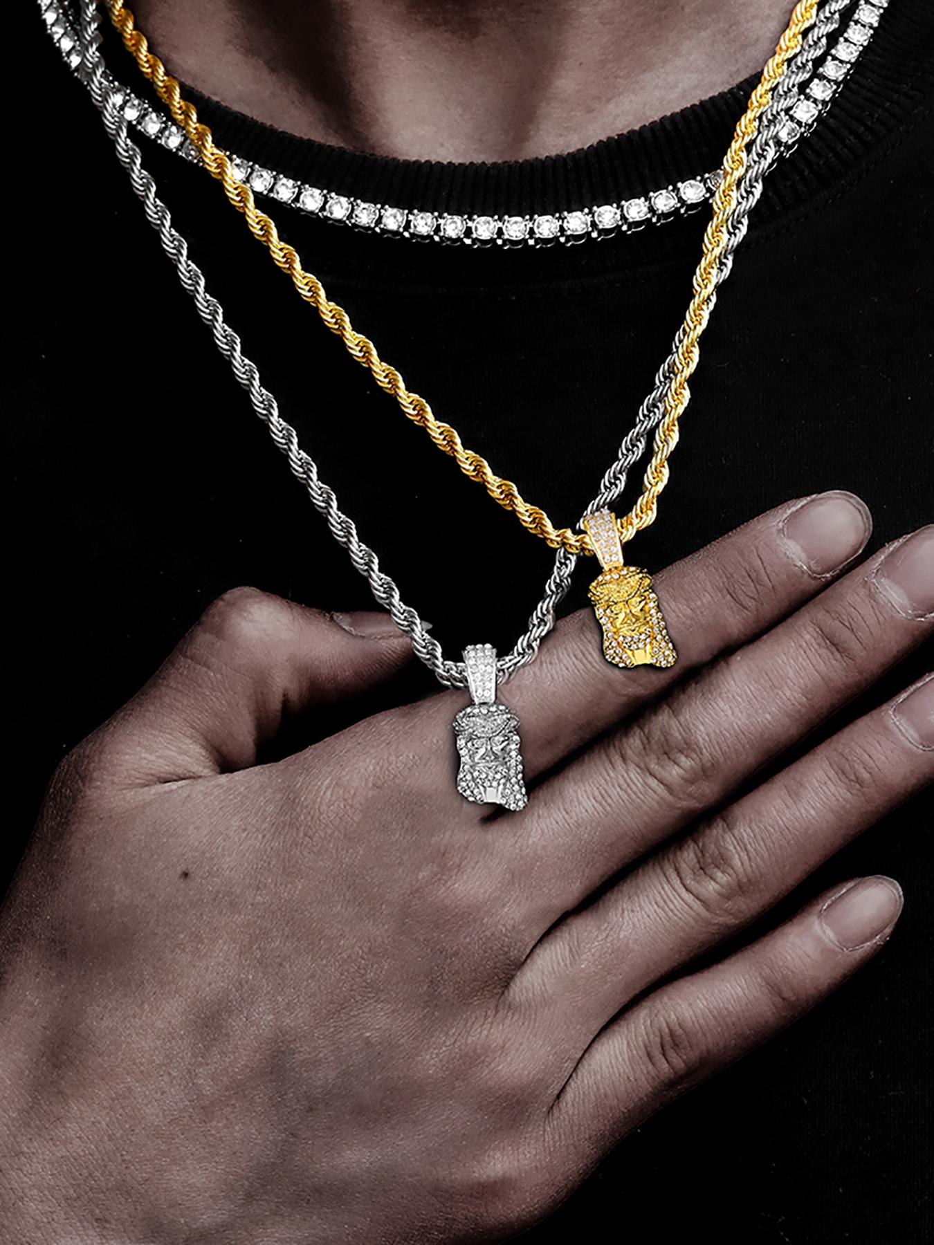 Jesus Head Pendant Necklace, Rhinestone Decor Cuban Link Chain Necklace, Fashion Jewelry for Party, Daily Clothing Decor, Trendy All-match & Exquisite Jewelry for Birthday Gift