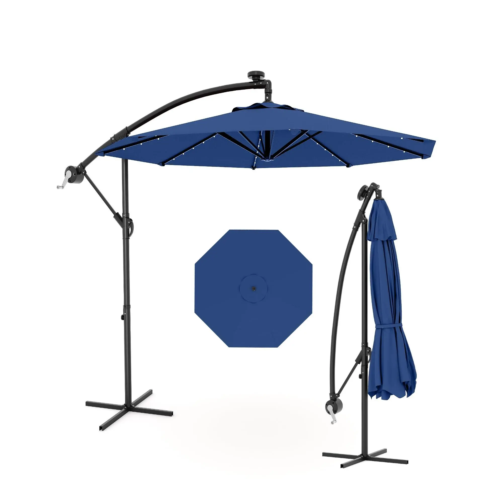 10 Foot Solar LED Offset Cantilever Shade, 8-Rib Heavy Duty Patio Umbrella with Crank Lift & Tilt Function, 99% UV Shield Fade Resistant Cloth for Backyard, Pool and Patio Spaces