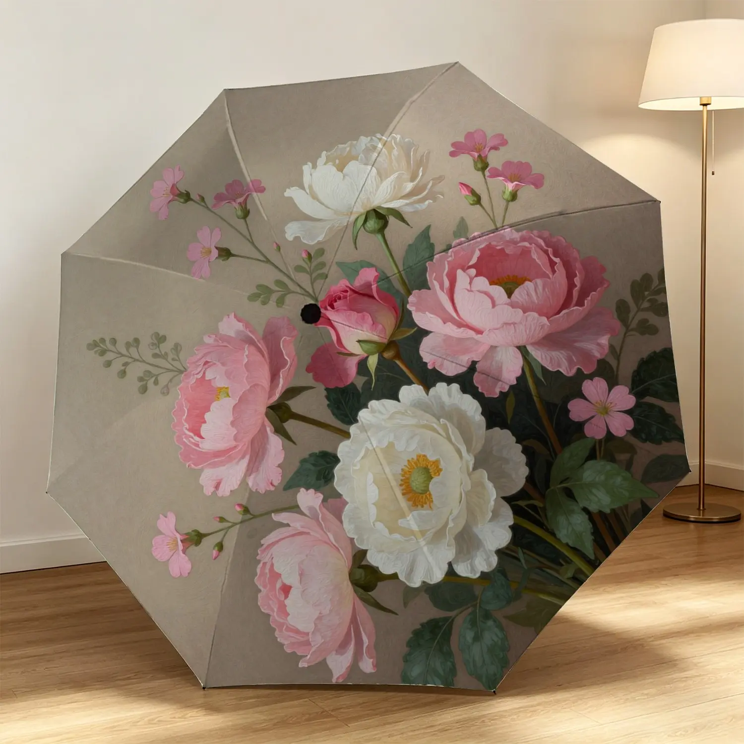 Vintage Oil Painting Peony Design Automatic Folding Umbrella, 8-Rib Glass Fiber Frame, Plastic Handle, Wind-Resistant, Halloween & Christmas Gift