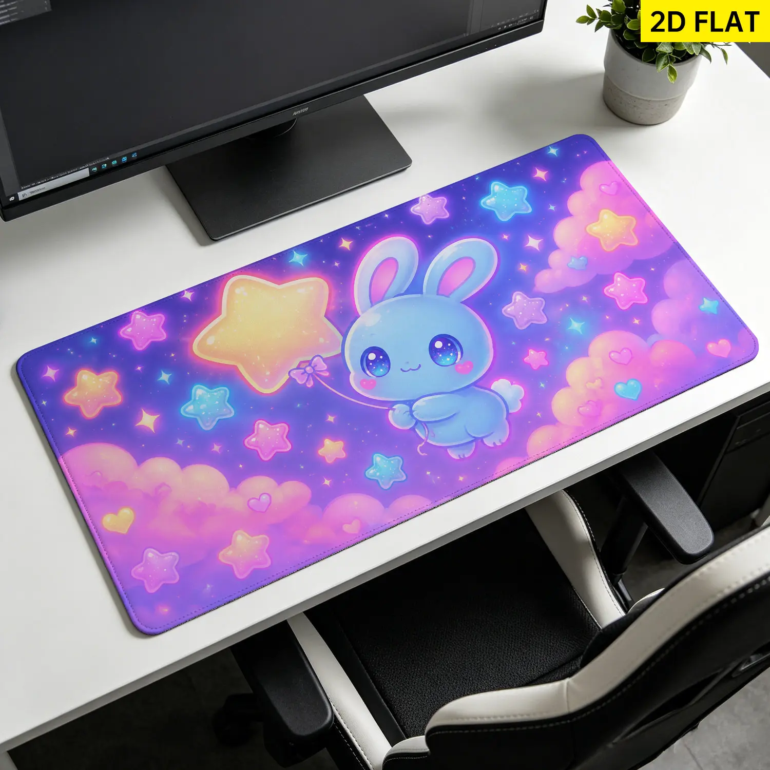 Extra Large cute bunny star cloud pastel Mouse Pad, Non Slip Rubber Pad, Desktop Decoration Drotection Pad, Washable, Lock Edge Multi Size, Premium Multipurpose Mousepad For Home, Office, Gift for Family and Friends