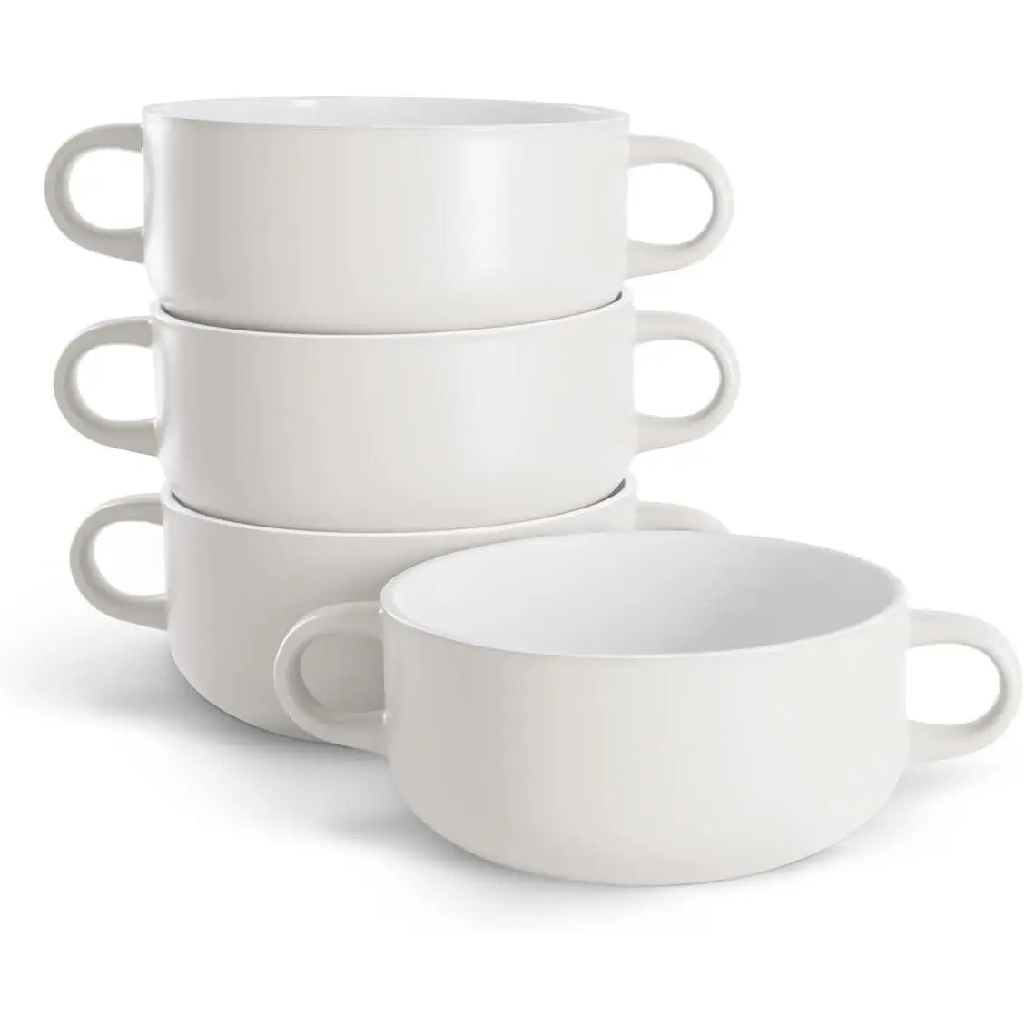 Kook 18oz Ceramic Soup Crocks Bowls with Handles, Set of 4 (Coconut White), Broil Oven Microwave Dishwasher Safe, Perfect for Casserole, Pasta, Cereal