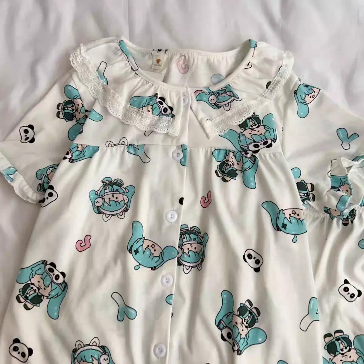 Kawaii Hatsune Miku Panda Thin Short-sleeved Women Pajamas Set New Summer Japanese Cartoon Cute Lace Soft Home Suit Pyjama Pants