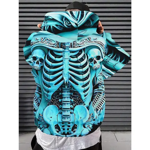 Men's Hoodie Skull Skeleton Print Kangaroo Pocket, All-Over Polyester Long Sleeve Pullover Sweatshirt with Elastic Cuffs & Hem, Street Style Sportswear for Halloween, Casual Daily Leisure & Travel, Spring Fall Winter