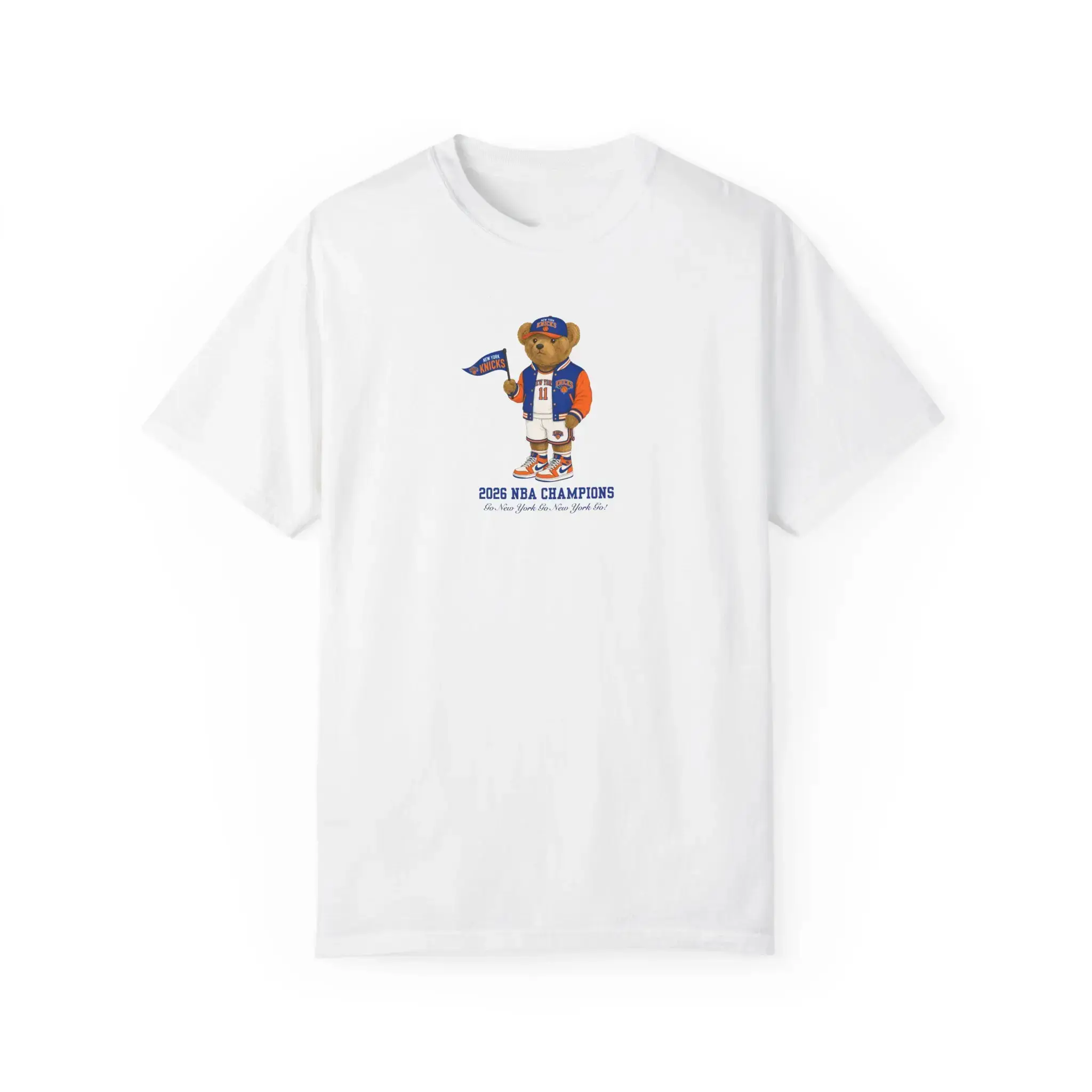 Casual Graphic T-shirt with NYC 2026 Champions Teddy Bear Print, Unisex Short Sleeve Round Neck Streetwear Top