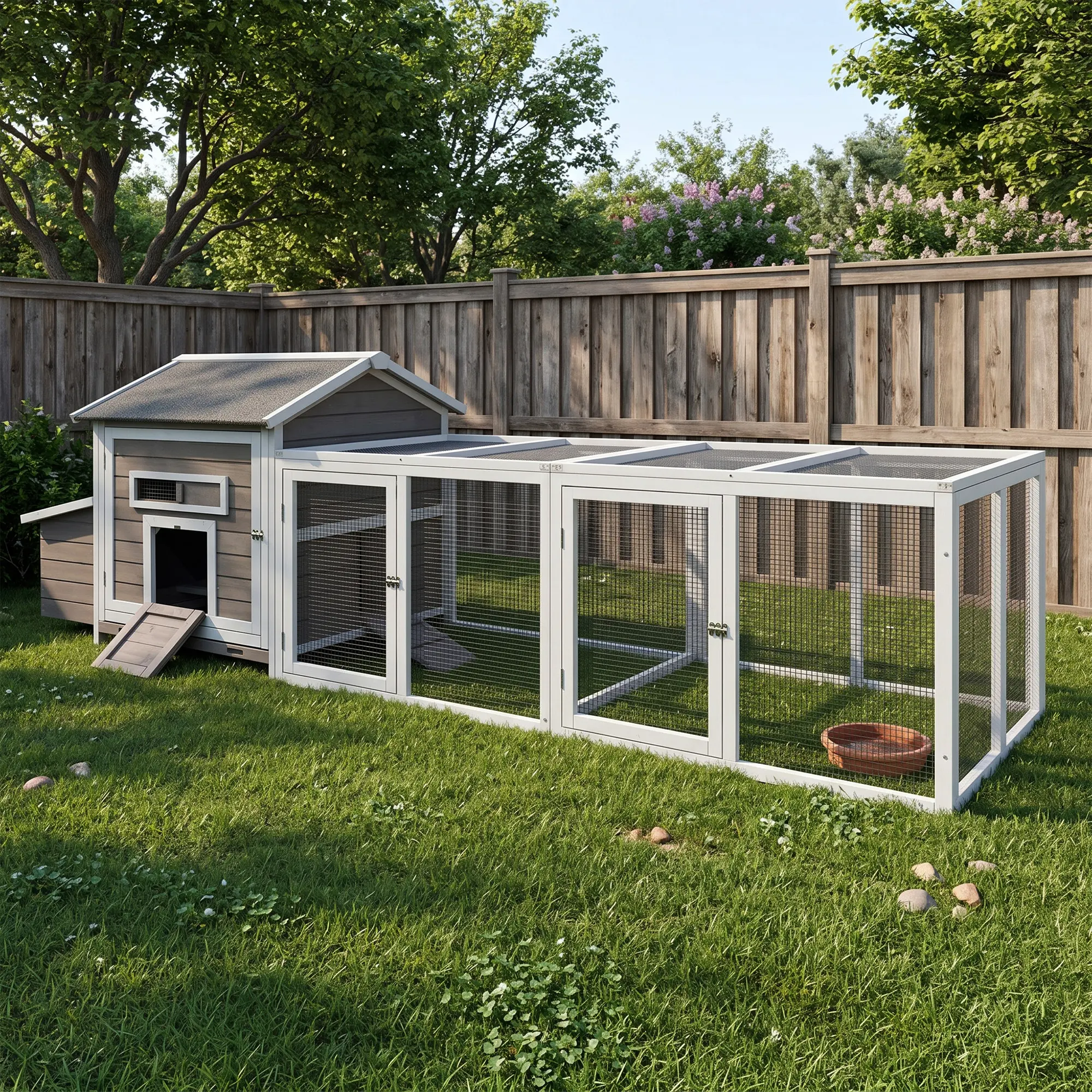 ARCH Large Wooden Chicken Coop with Outdoor Run, Weatherproof Hen House for 2-3 Chickens, 114in Long Poultry Cage with Nesting Box, Lockable Doors, Ramp, Pull-Out Tray, Asphalt Roof, Gray Solid Wood, Gray Color Options, Solid Wood Material