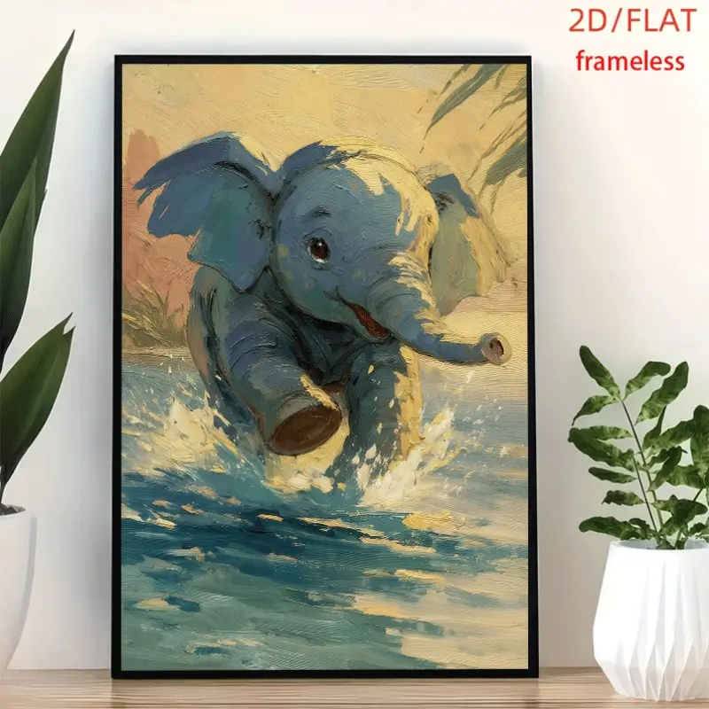 frameless Playful Baby Elephant Splashing Fun Art Decor Print Poster, Wall Art for Living Room, Bedroom, Office, Dining Room & Bar, Perfect Gift & Home Decor, 12in x 16in