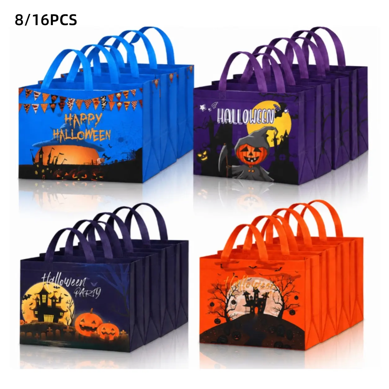 8/16 Pcs Large Halloween Tote Gift Bags with Handles Bulk Halloween Trick or Treat Bags Non-woven Reusable Pumpkin Ghost Bat Monster Tote for Gifts Wrapping Party Favor Supply trick-or-treat bag