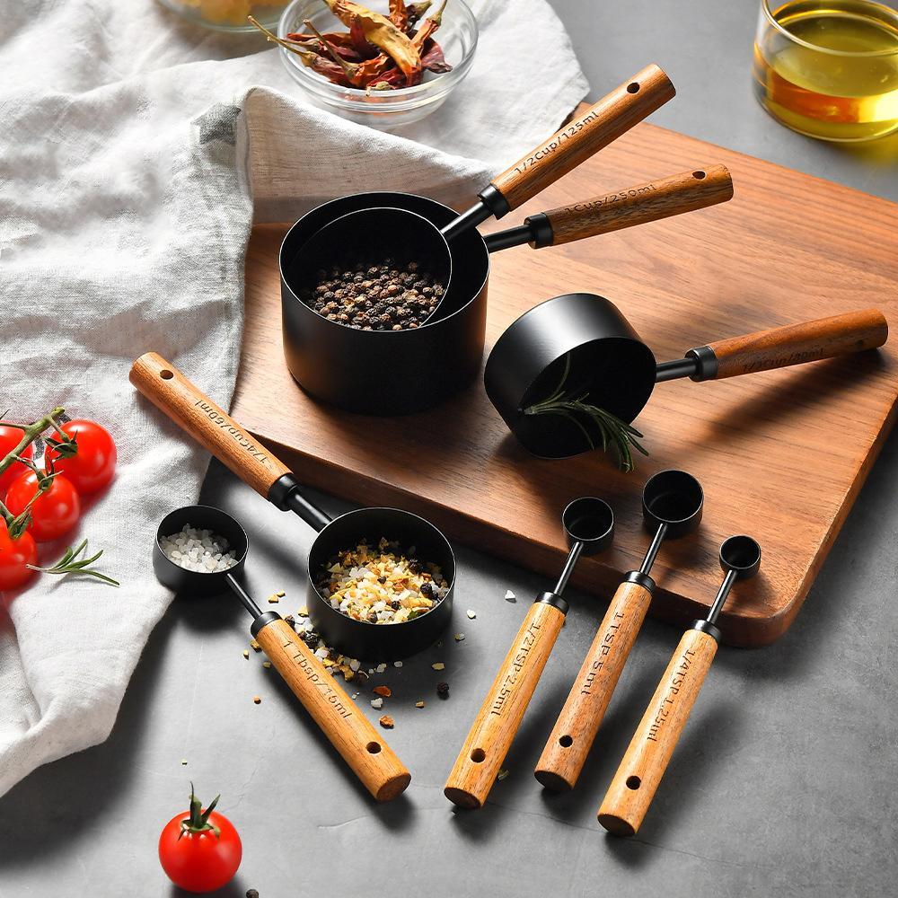 Stainless Steel Measuring Cups & Spoons Set, 8 Counts/set Measuring Cups and Spoons with Ergonomic Wood Handles, Kitchen Utensils for Baking & Cooking