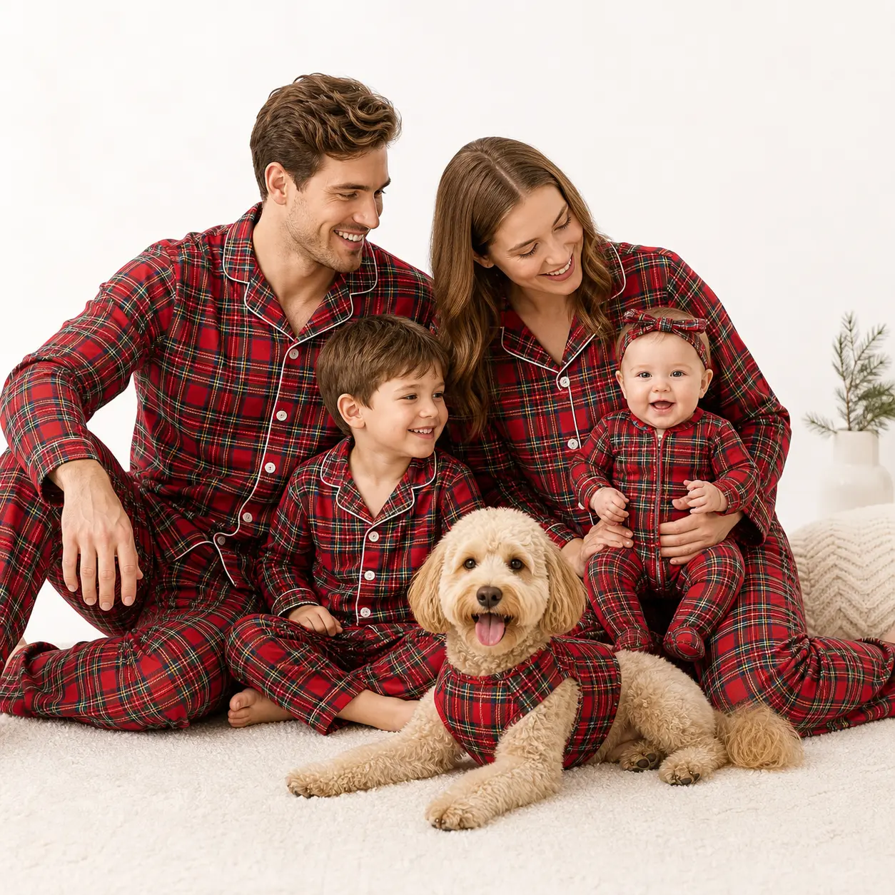 Unisex Family Christmas Polyester Pajama Sets - Tartan Plaid, Button-Front, Notched Collar, Soft Festive Tops, Pants & Headband Sleepwear Loungewear for Parents, Kids, Baby & Pet Dog