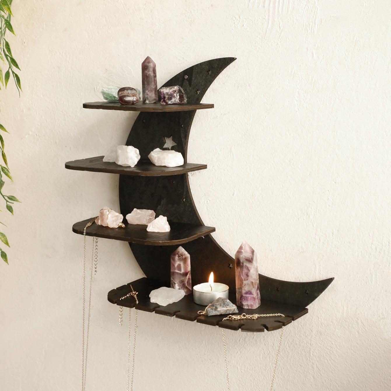 Moon Shaped Wall Mounted Shelf, 1 Count Wooden Wall Hanging Storage Rack, Wall Mounted Holder, Wall Mount Design, Wall Decor for Home Interior Living Room Bedroom, Home Decor, Decorations Supplies