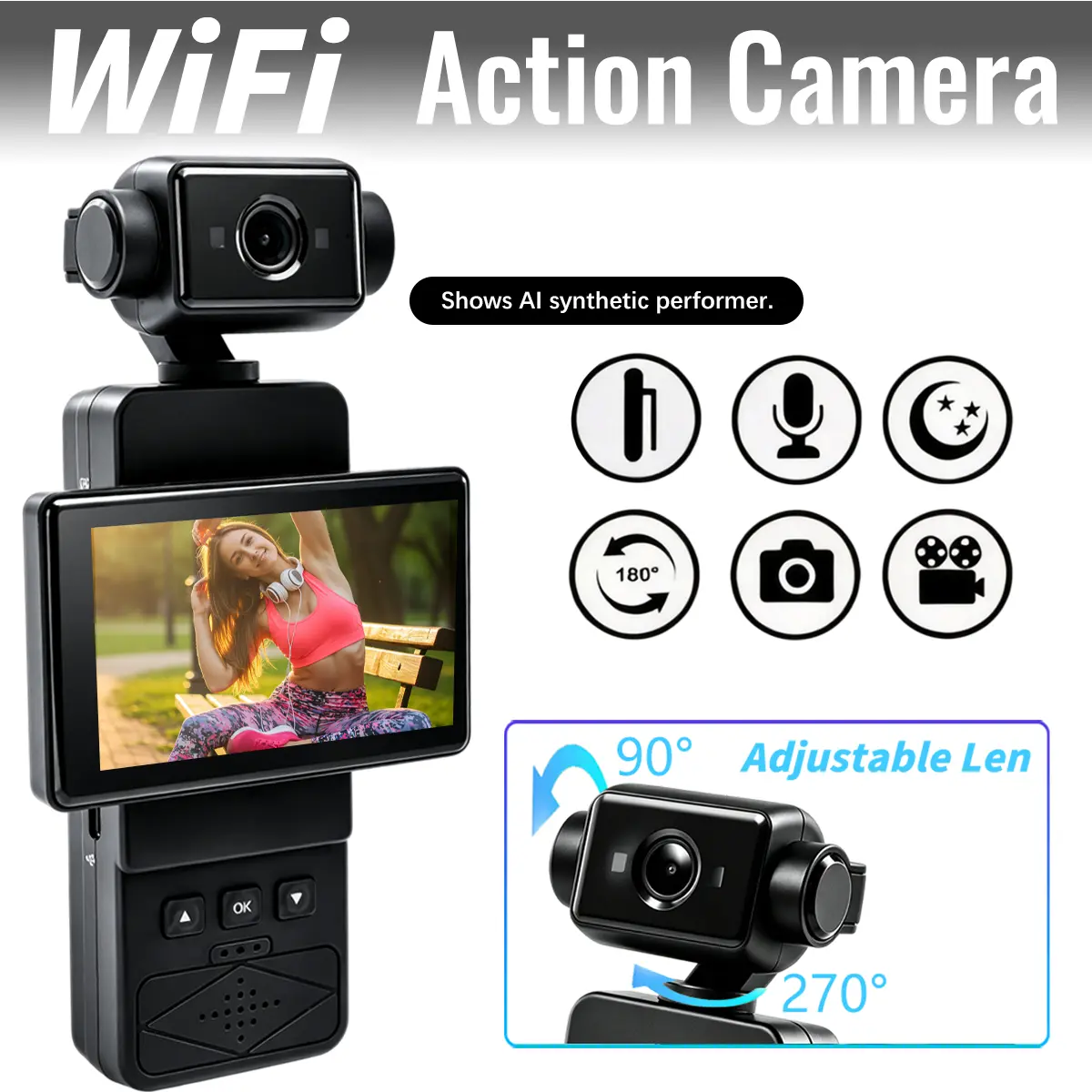 Pocket Vlogging Camera, HD Wearable Action Camera with 1.54" Rotating Screen, 270° Rotating Lens, WiFi Connectivity, Portable Video Recorder for Travel Vlogs, Hiking, Cycling and Daily Recording