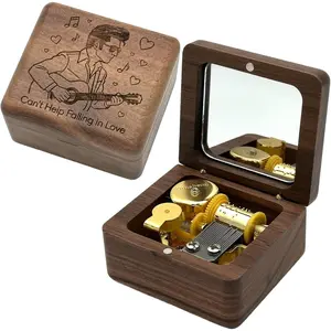 Luxury Vintage Carved Walnut Wood Wind Up Music Box with Mirror, Plays Elvis Presley "Can't Help Falling in Love", Ideal Gift for Valentine's Day Mother's Day Birthday Christmas