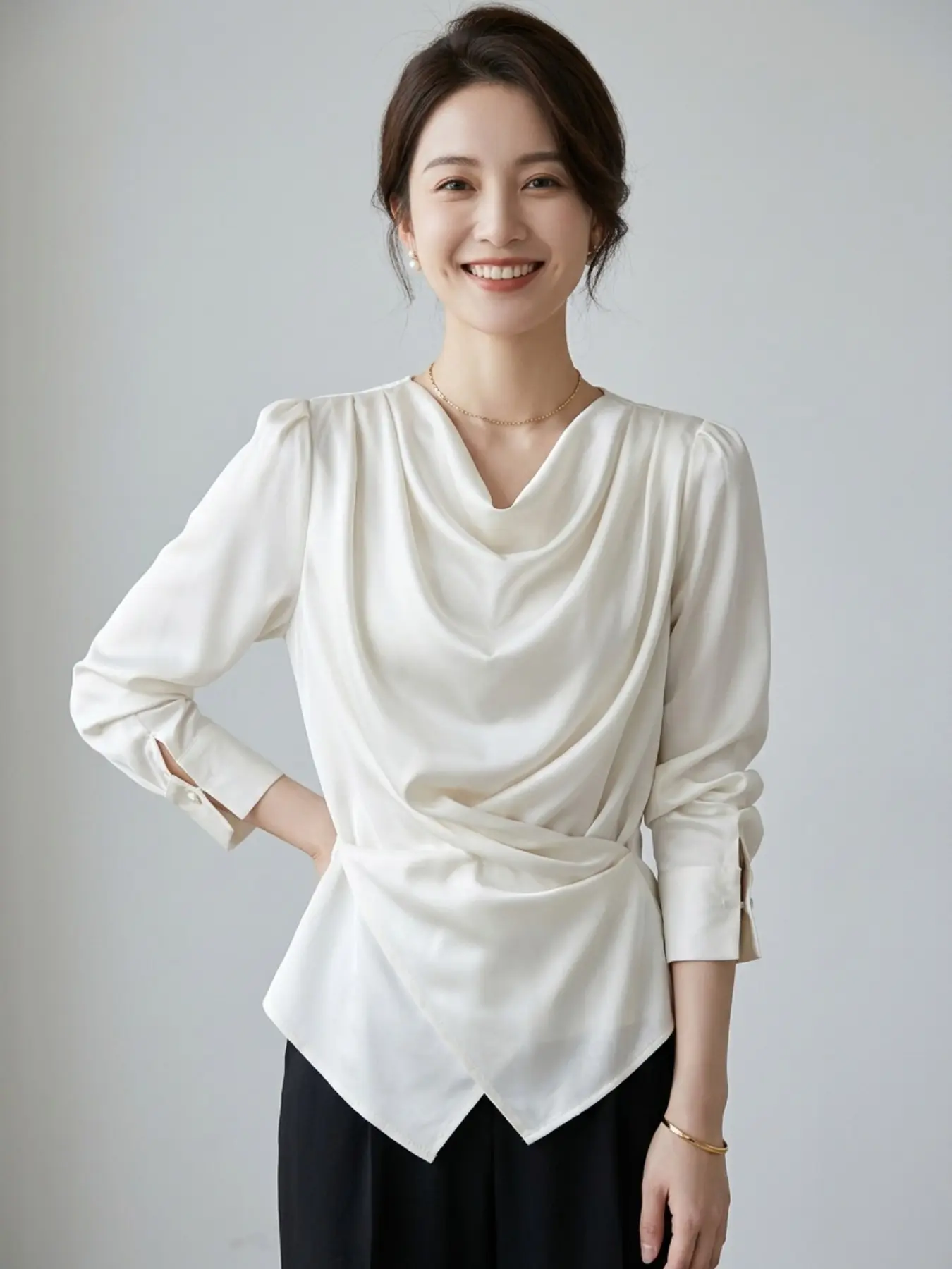 Elegant Satin Shirt for Women with Ruffled Neckline and Waist Tie, Long Sleeve Loose Fit Casual Top, Fashionable and Chic Small Blouse