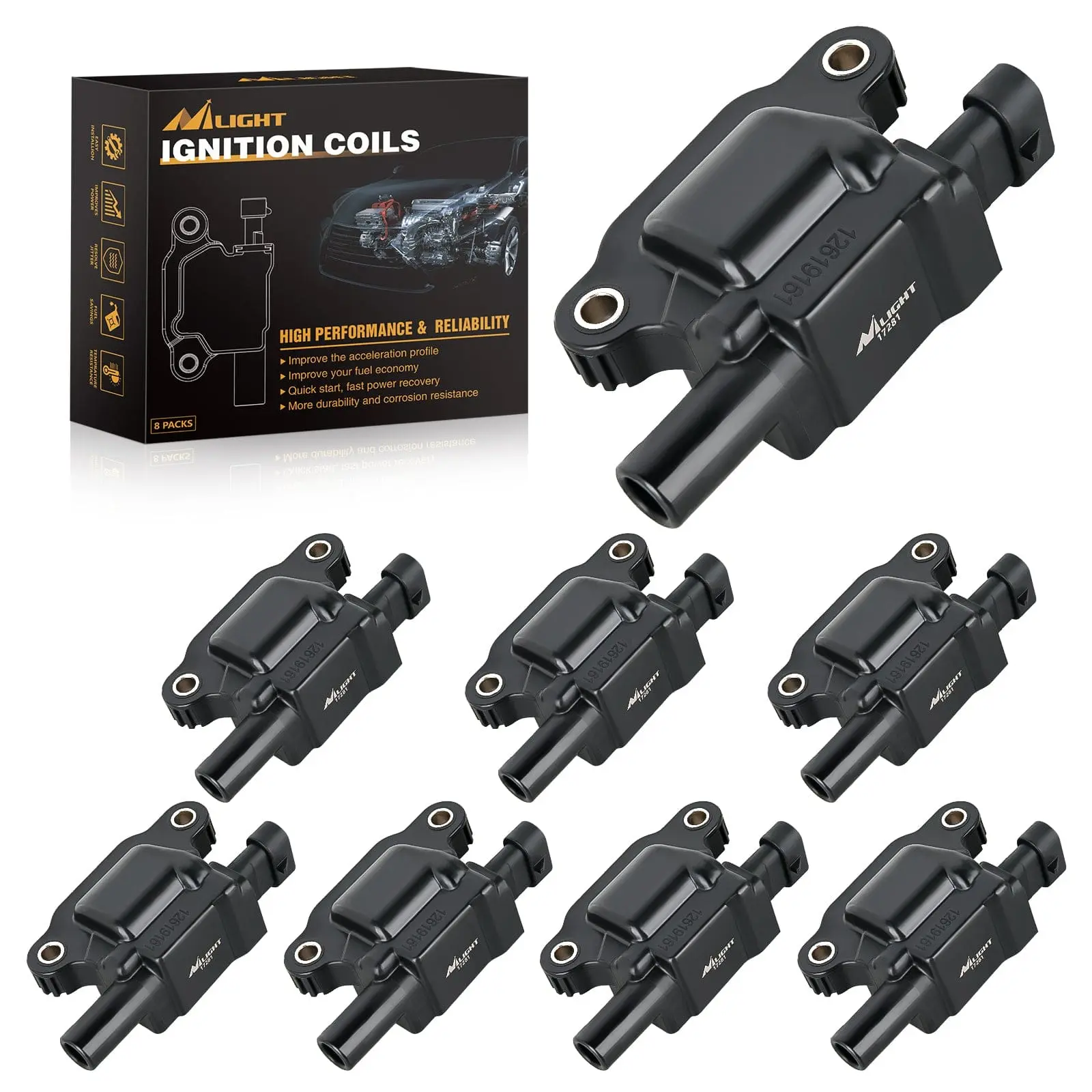 Nilight 8pcs Ignition Coil Pack UF413 for Chevy, GMC, Cadillac, Buick, Pontiac - 5.3/6.0L V8 Engine Fit, Check Engine Light Prevention, Highly Shock-Resistant, Long Service Life, Low-Emissions, High Energy Output, High-Quality Wire, Uf413 Series