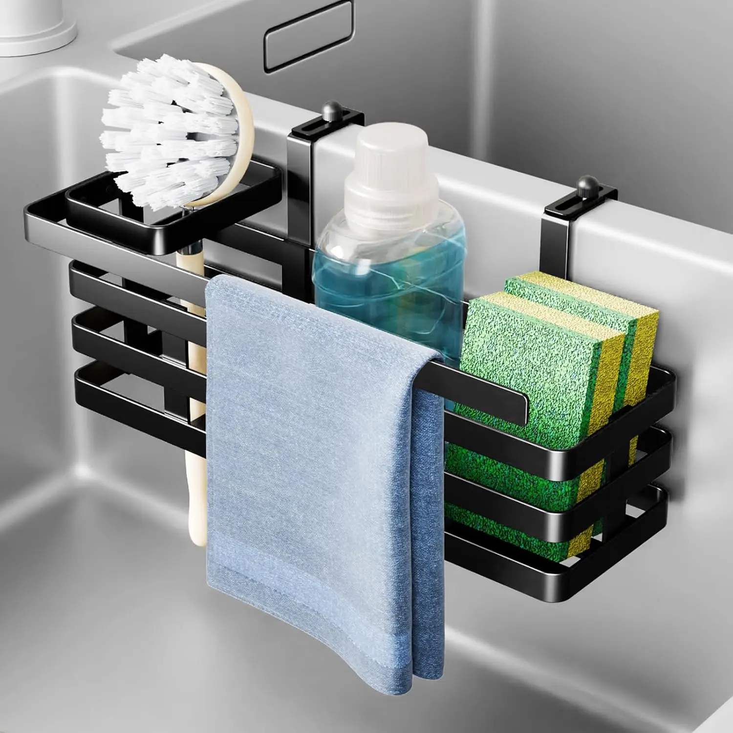 Sponge Holder for Kitchen Sink, Over Sink Divider Caddy for Double Sinks, Multi-Compartment Storage Organizer for Sponge, Brush & Stopper, L-Shaped Hooks, Adjustable Fast Drainage