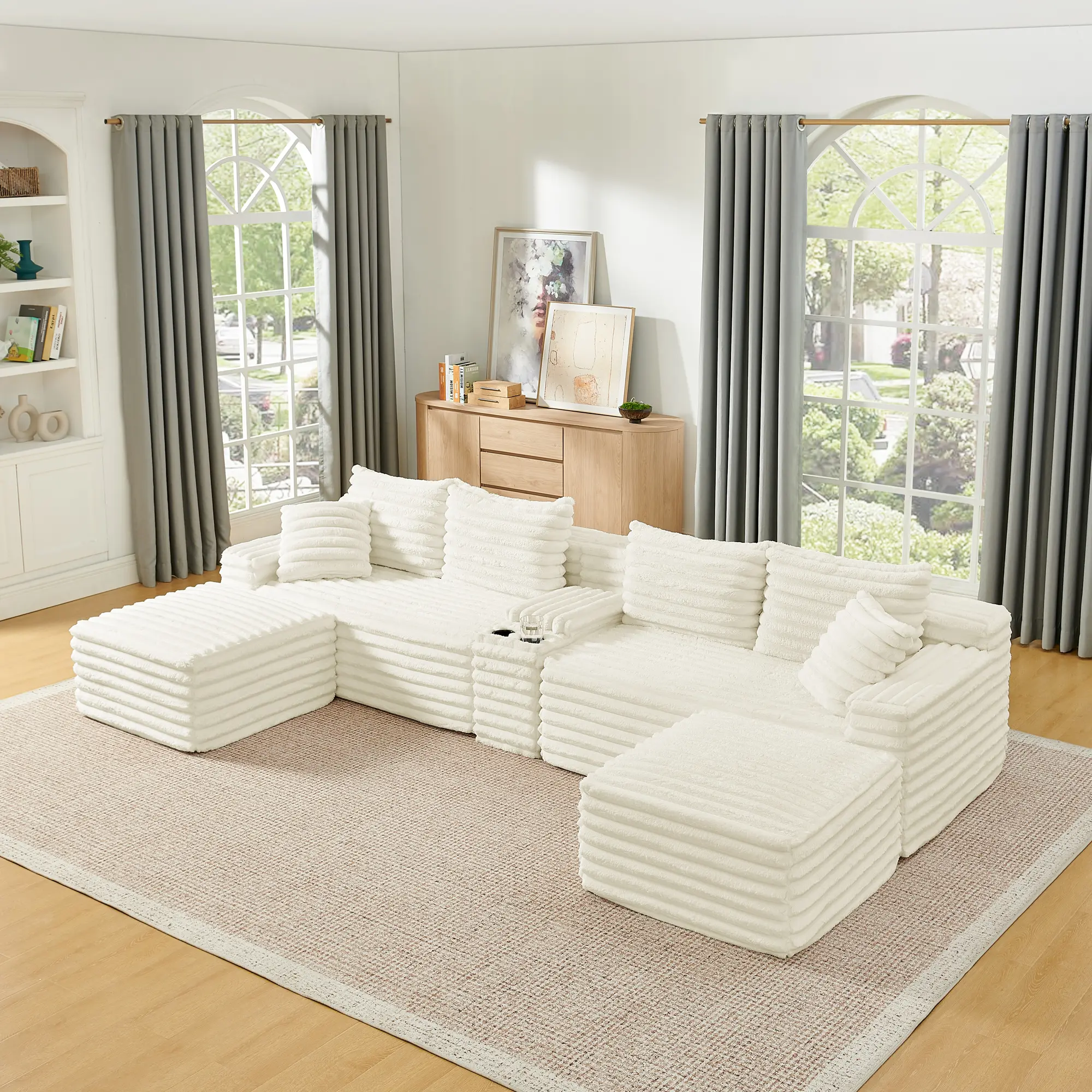 ARCH Modular Cloud Corduroy Couch - 6-Seat U-Shaped Sectional Sofa with Cup Holder, USB Ports, Storage Ottoman - No Assembly Required Couch in a Box for Living Room, Apartment - Beige Indoor Furniture