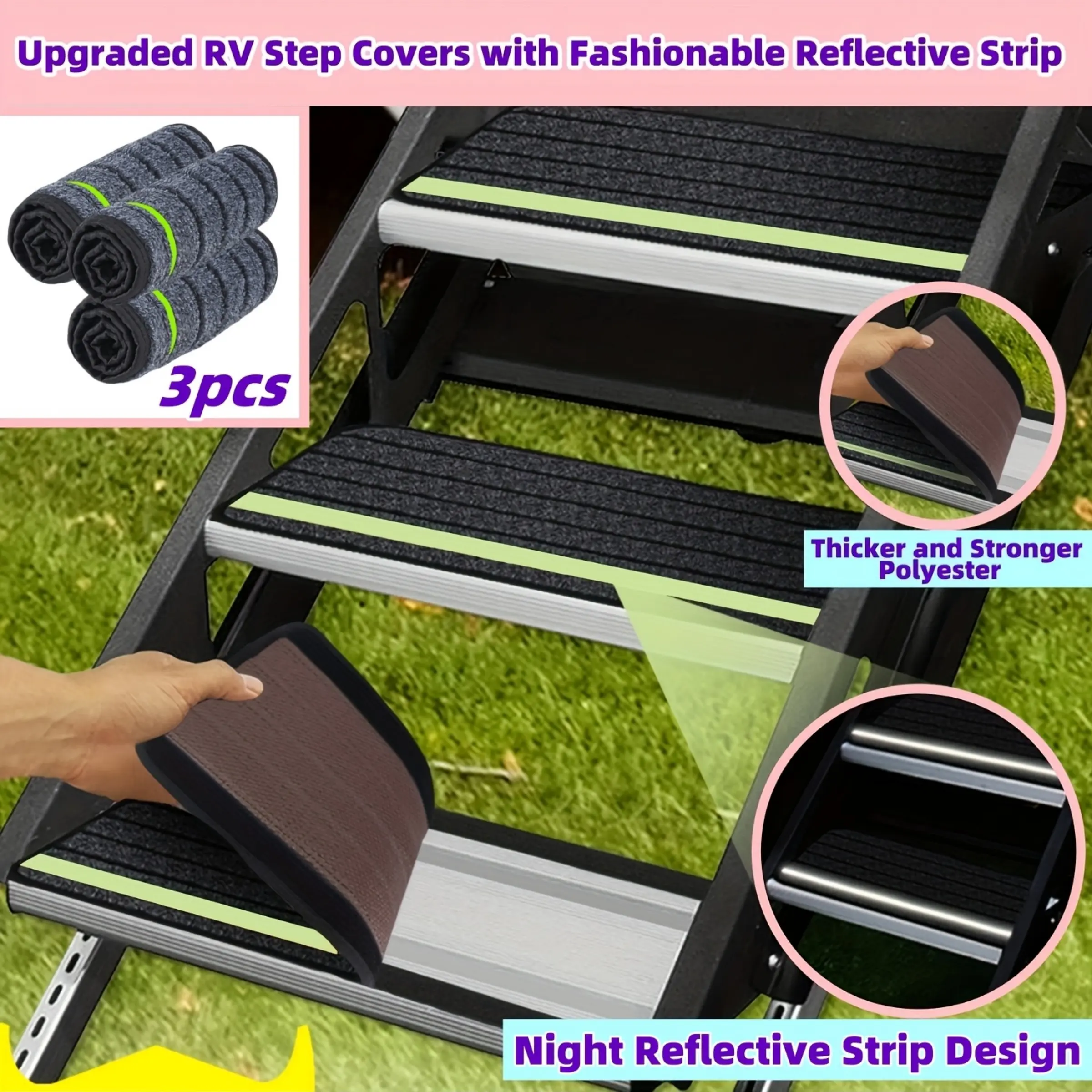 3-Pack RV Step Pad Covers with Night Reflective Strips, Non-Slip Camping Car Step Pads, 20x7.9 Inch External Carpets for Mobile Homes, Car Accessories