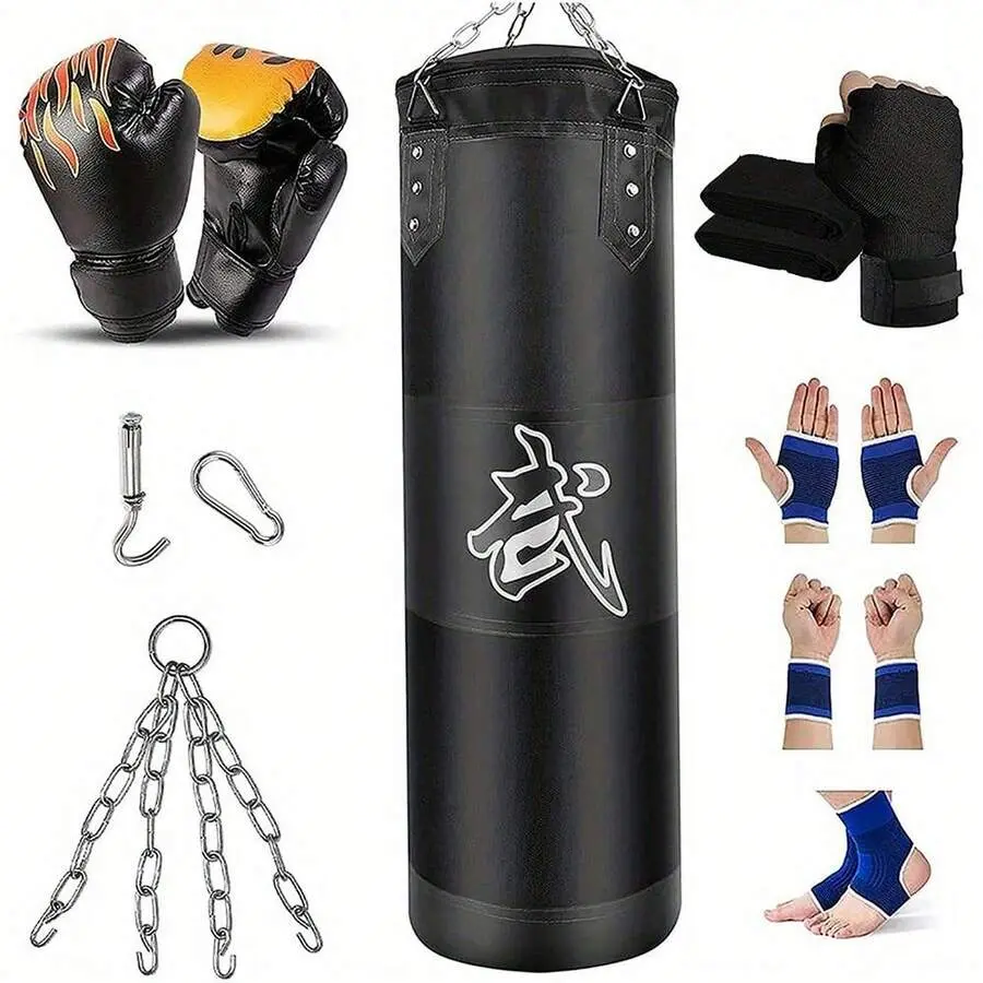 Heavy Duty 120cm Punching Bag Set With Boxing Gloves Hand Wraps Chain Ceiling Hook For Adults MMA Kickboxing Muay Thai Home Gym Fitness Training Equipment