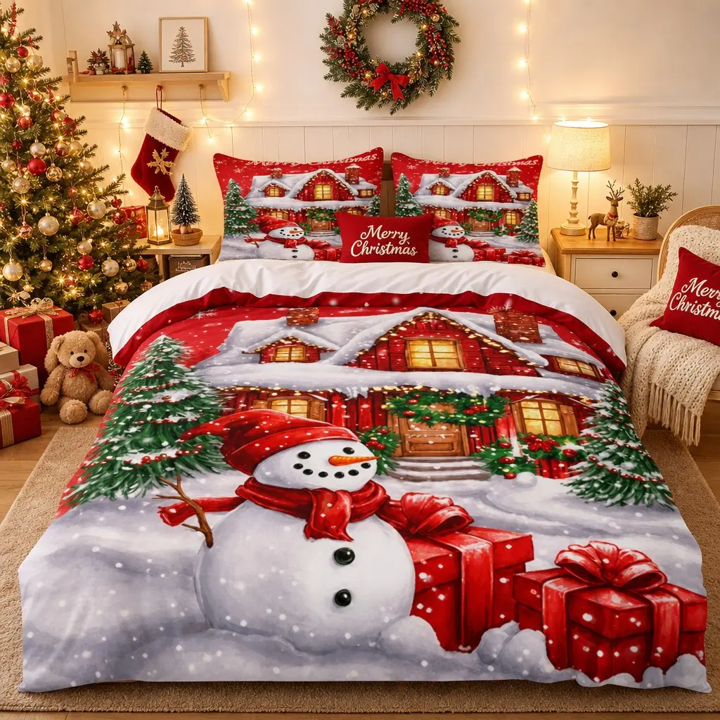 3 pieces of snow house and snowman cartoon Christmas printed bedding set, including a duvet cover and two pillowcases (without insert). Suitable for bedrooms and guest rooms. Available in different sizes and machine washable.