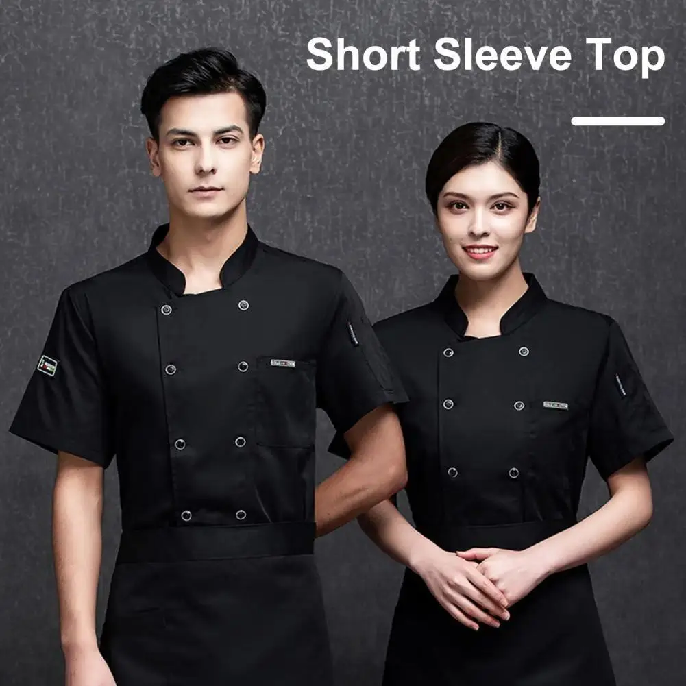 Unisex Chef Jacket, Breathable Cotton Blend Double-Breasted Short Sleeve Formal Workwear Coat with Stand Collar and Chest Pocket, Button Closure, Chinese, All Seasons, Uniform, Day, Overalls, Stylish, Top, Soft