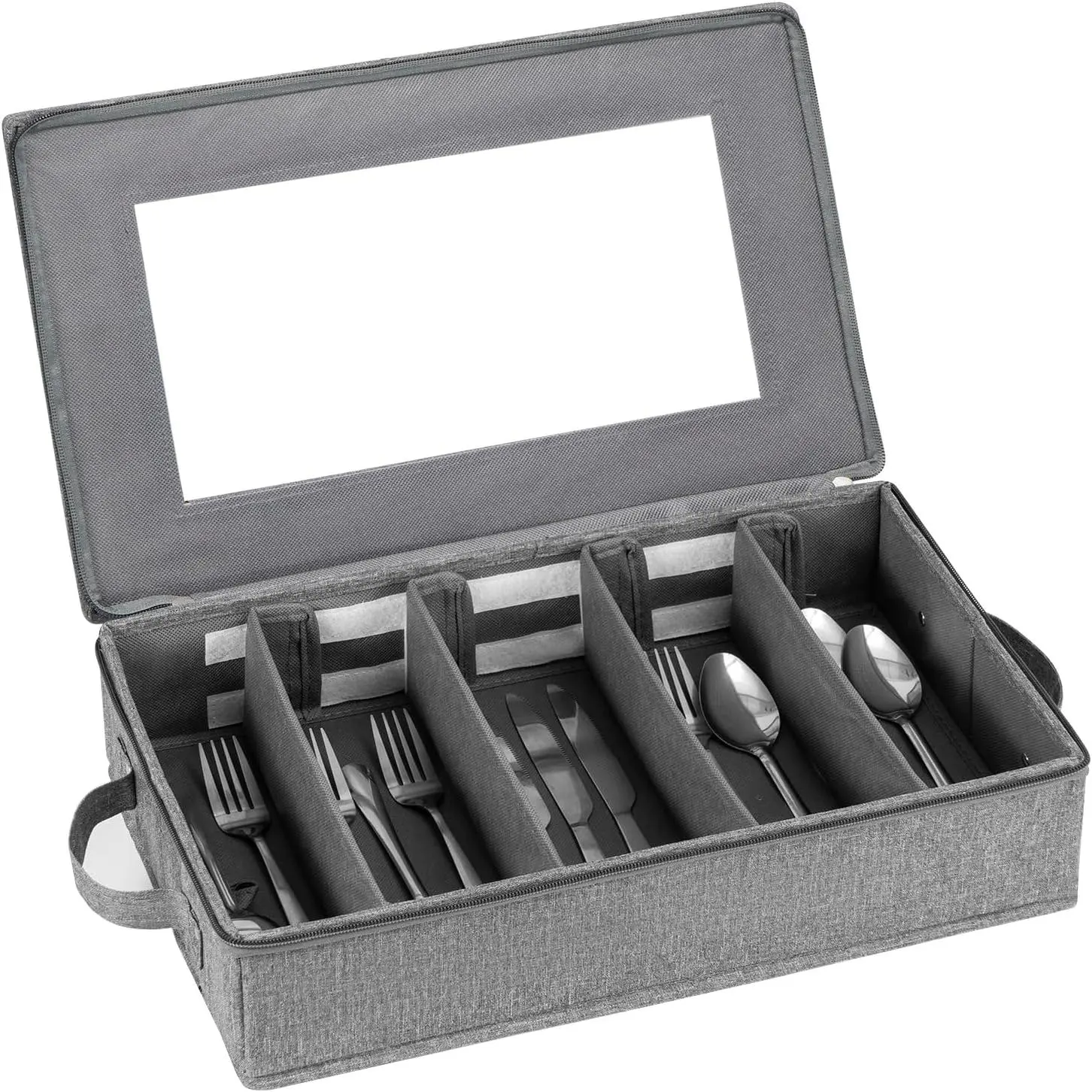 Flatware Utensil Storage Case, Silverware Storage Box Chest with Dividers | 5 Compartment Flatware Storage Box with Zipper Lid for Organizing Cutlery, Flatware, , Large Capacity Gray