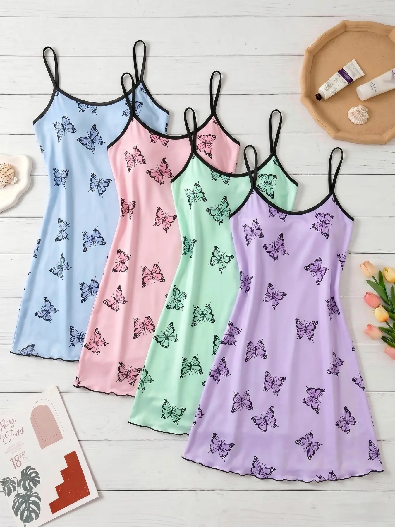 4-Pack Butterfly Print Nightdresses, Sleeveless Sexy Sleepwear, Loungewear, Slim-Fit H-Type, All-Over Print, Sweet Home Essentials for Women, Stylish Nightwear