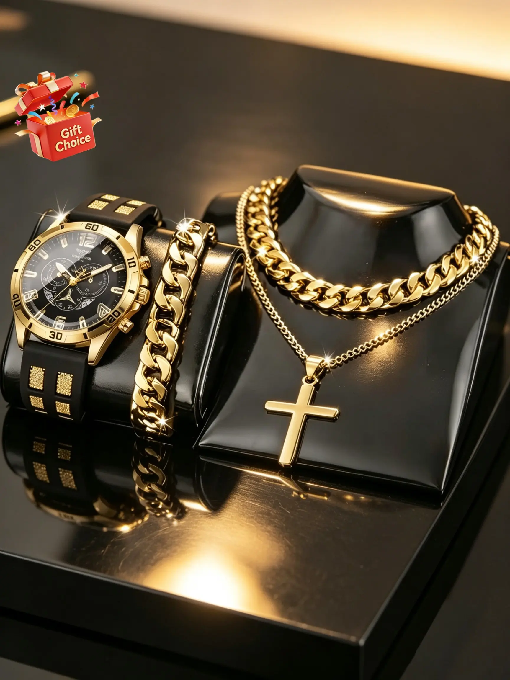4pcs Men's Fashionable Jewelry Set, Round Dial Watch with Calendar, Fashion Bracelet & Cross Pendant Necklace, Daily Wear, Accessories Set, Perfect Gift for Men