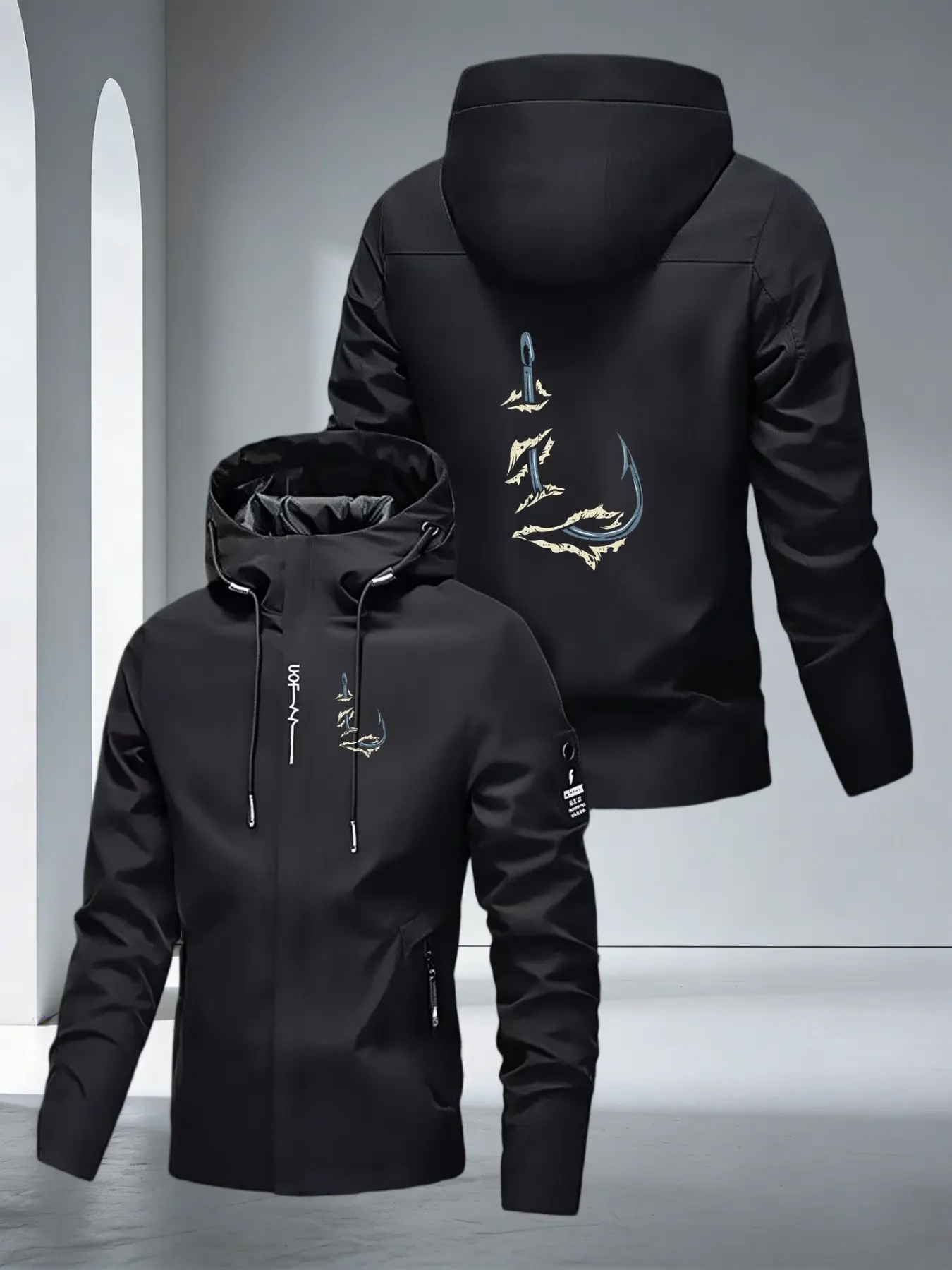 Men's Quality Hooded Jacket, Hook Theme Print, Sun Protection Hood Design, Zipper Pockets, Adjustable Hood, Outdoor Casual Sport Coat