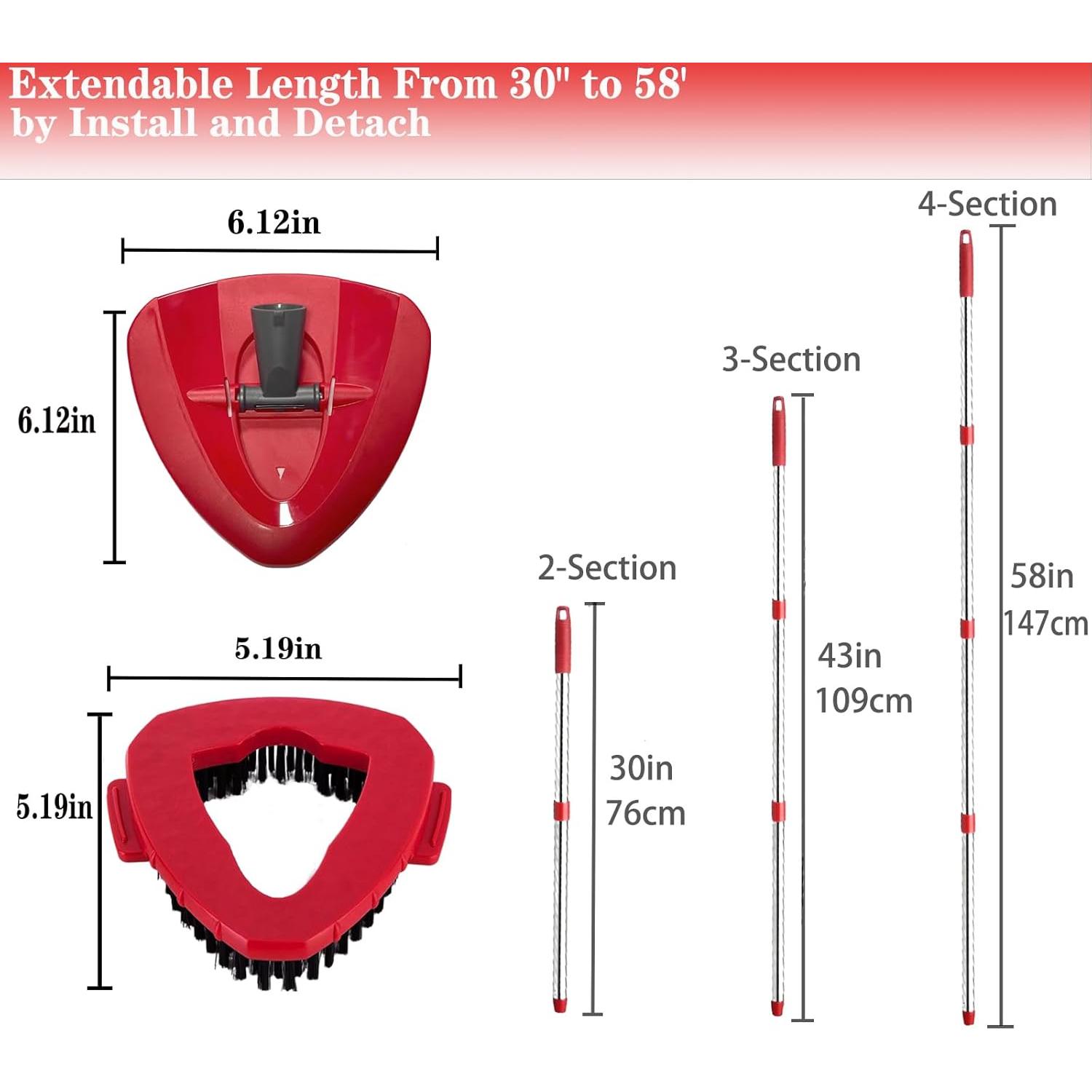 Spin Mop Replacement Handle and Mop Base Replacements for OCeda EasyWring 1-Tank Spin Mop System,4-Section Iron Mop Handle 30-58in and 1 Mop Base and 1 Scrub Brush Cover Set Combo, Red