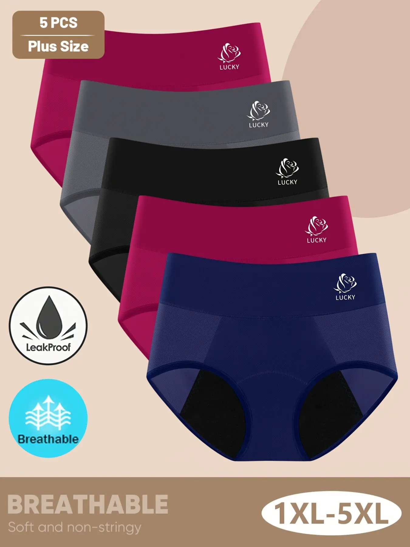 5 Pcs Leakproof Panties, Elegant Rose Printed, Mid-Rise Menstrual Briefs, Daily Protection, Sexy Underwear, All Seasons