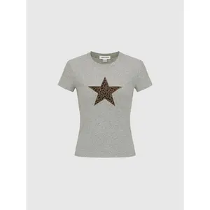 URBAN REVIVO Cotton Elastane Star Leopard Graphic Crew Neck T-Shirts
