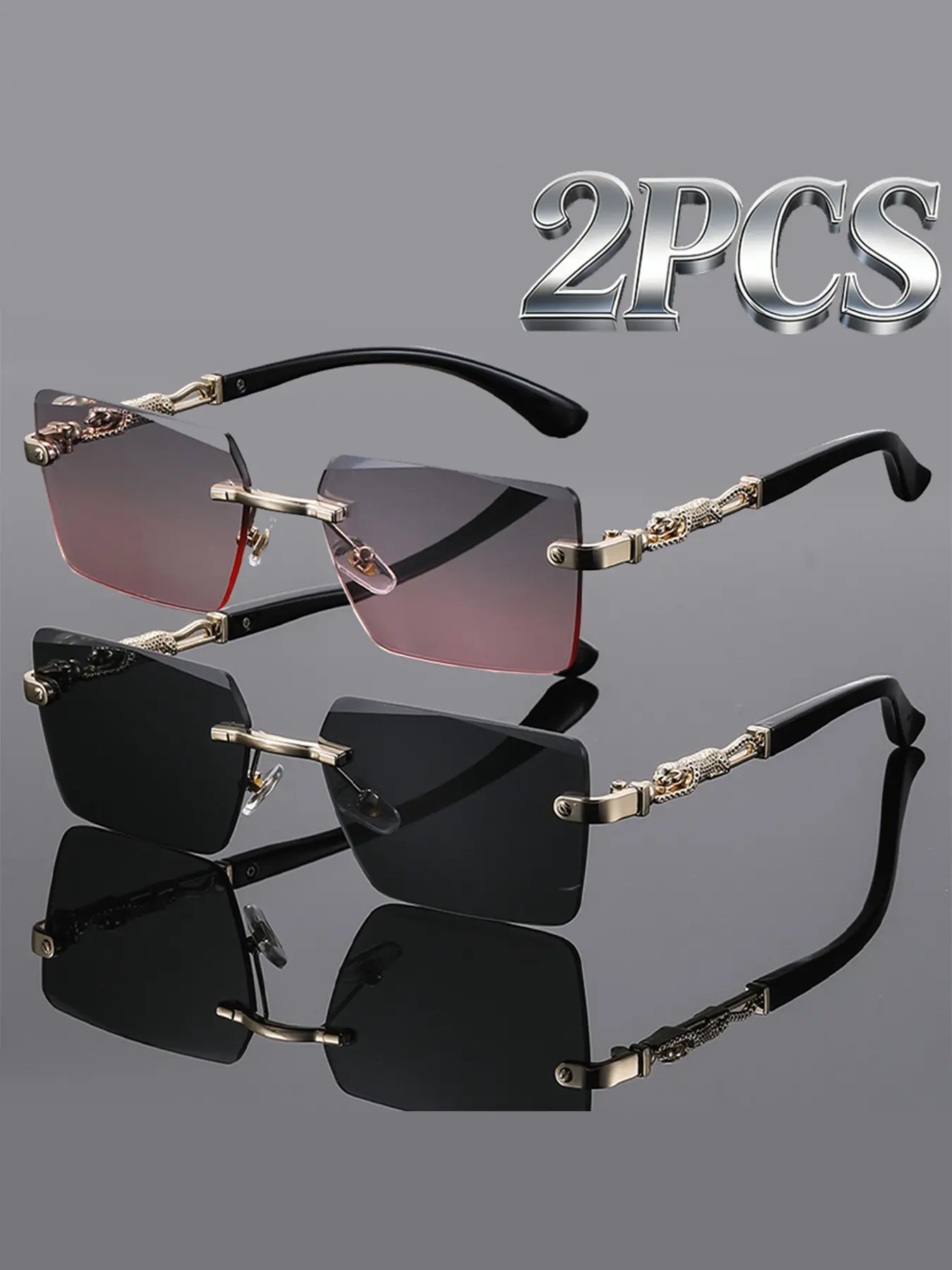 2 Pairs Luxury Metal Frameless Sun Protective Stylish Sunglasses for Men and Women, Gradient Business Shades, Leopard Pattern, Durable Lens, Versatile Sun Protection, Trendy Sun Glasses