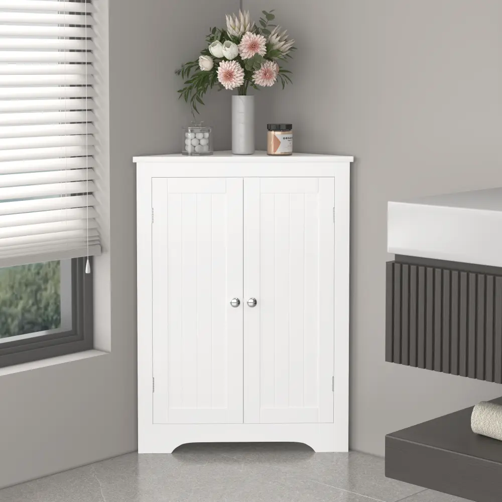 White Freestanding Floor Corner Cabinet - 2-Door Furniture with Beadboard Doors, Adjustable Shelves, Engineered Wood, Narrow Shape, Clean Lines, Easy Assembly, Space-Saving Single Unit for Bathroom, Kitchen, Floor Stand