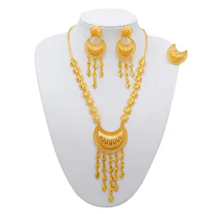 Women's 3-Piece Luxury Floral Filigree Gold-Copper Jewelry Set - Long Tassel Flower Necklace, Drop Earrings, Matching Ring - Ethnic African Bridal Wedding Statement Jewelry, Ideal Anniversary Gift