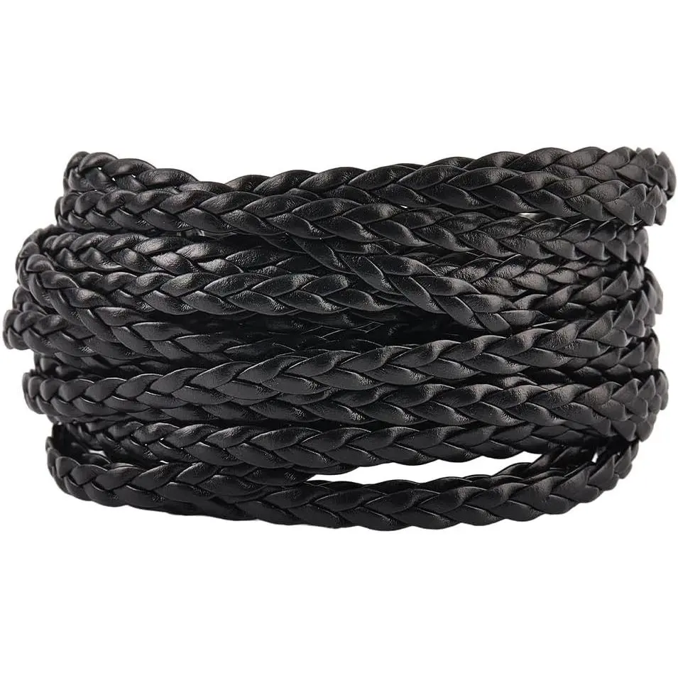 5.5 Yard 5mm Black Flat Folded Bolo Braided 3 Strands Imitation PU Leather Cord Rope for DIY Braiding Crafts Bracelet Anklets Choker Necklace Jewelry Making Supplies