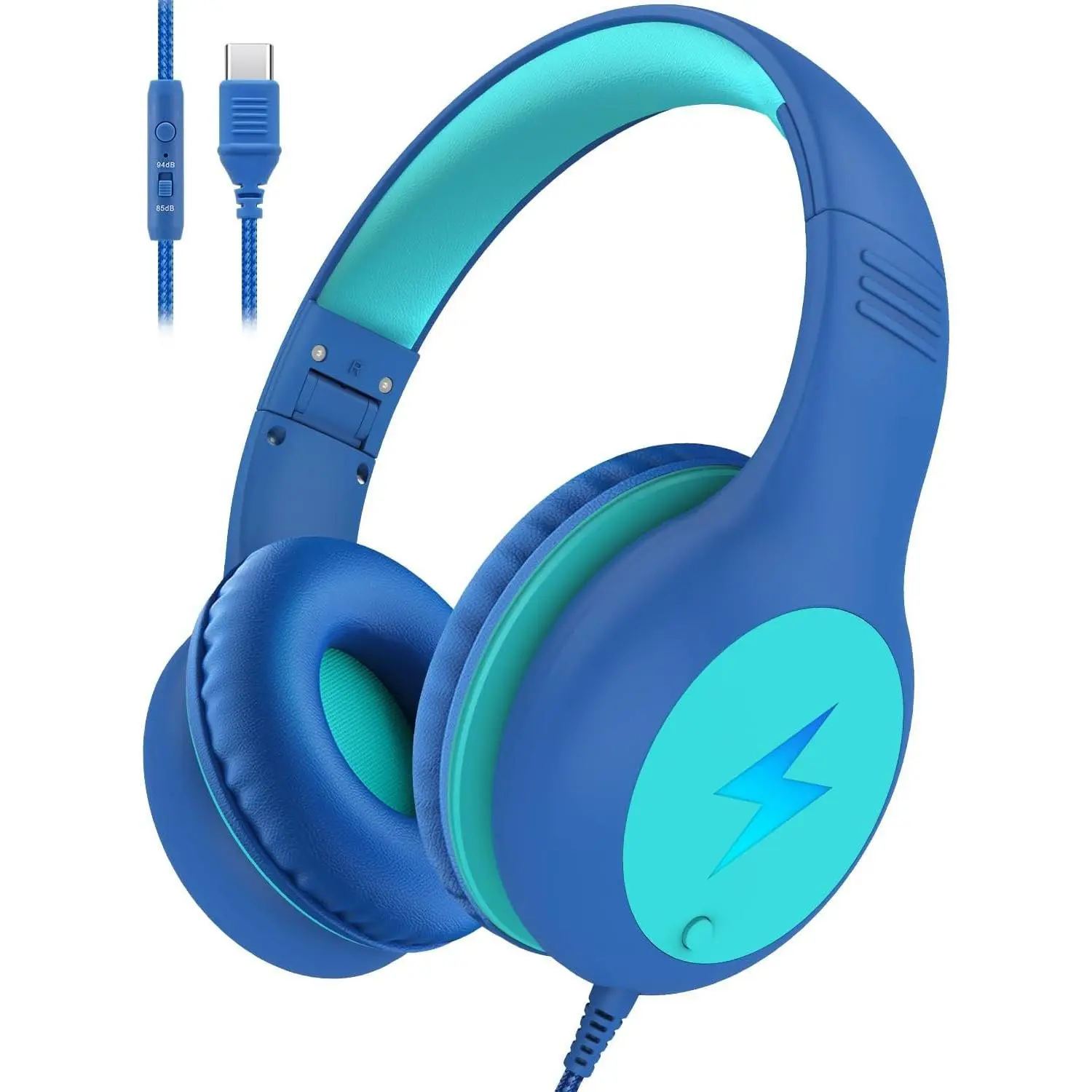 Headphones Wired with Microphone, USB Type C Headphones for  Girls Boys with Cord/LED Lights/85/94dB Volume Limit, Portable Over Ear Headphones for School/Travel/Tablet/iPad